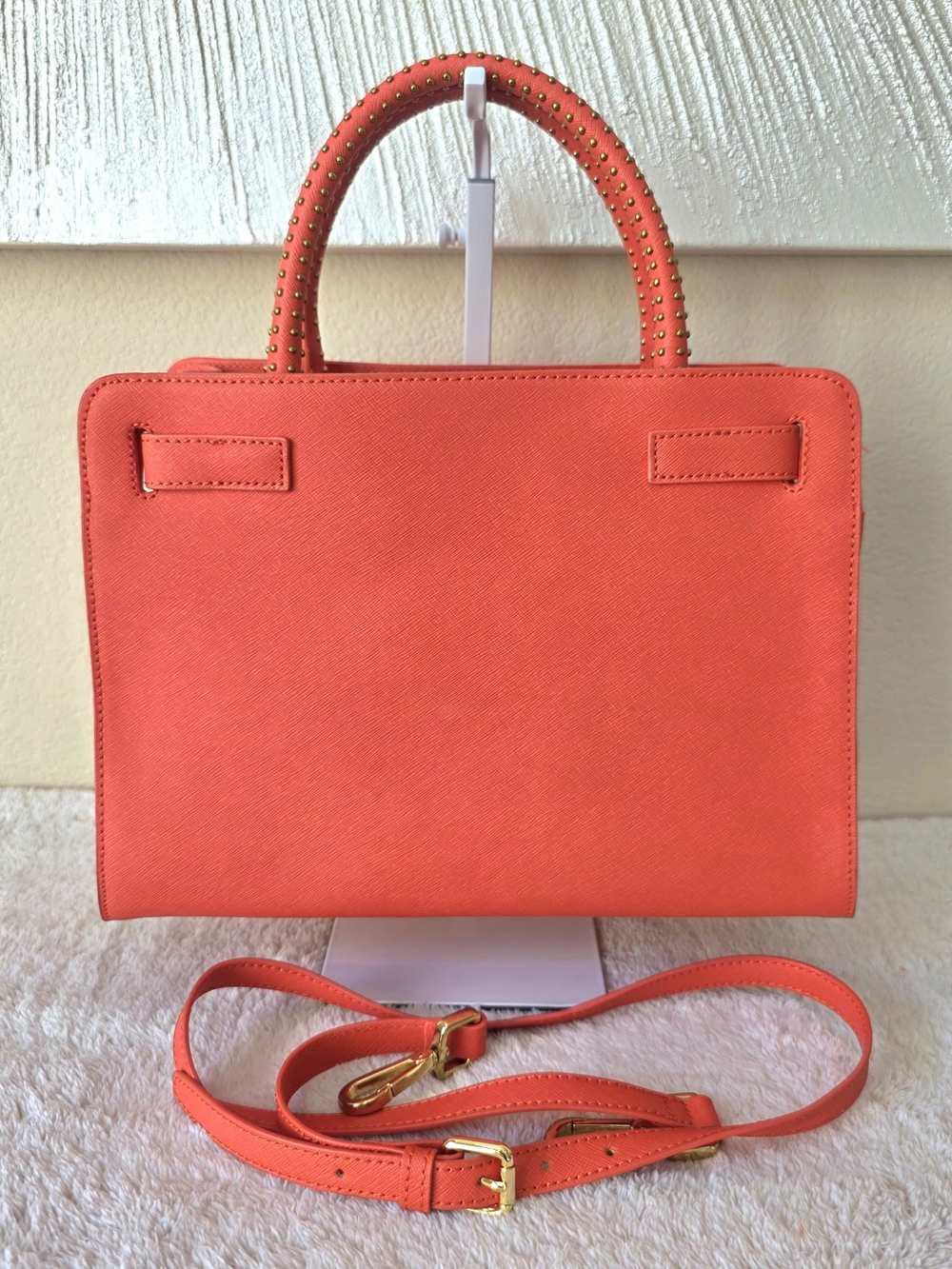 π§‘ Kenneth Cole Coral Orange Top Handle Gold Studded Tote Bag Detachable Strap - Picture 2 of 13